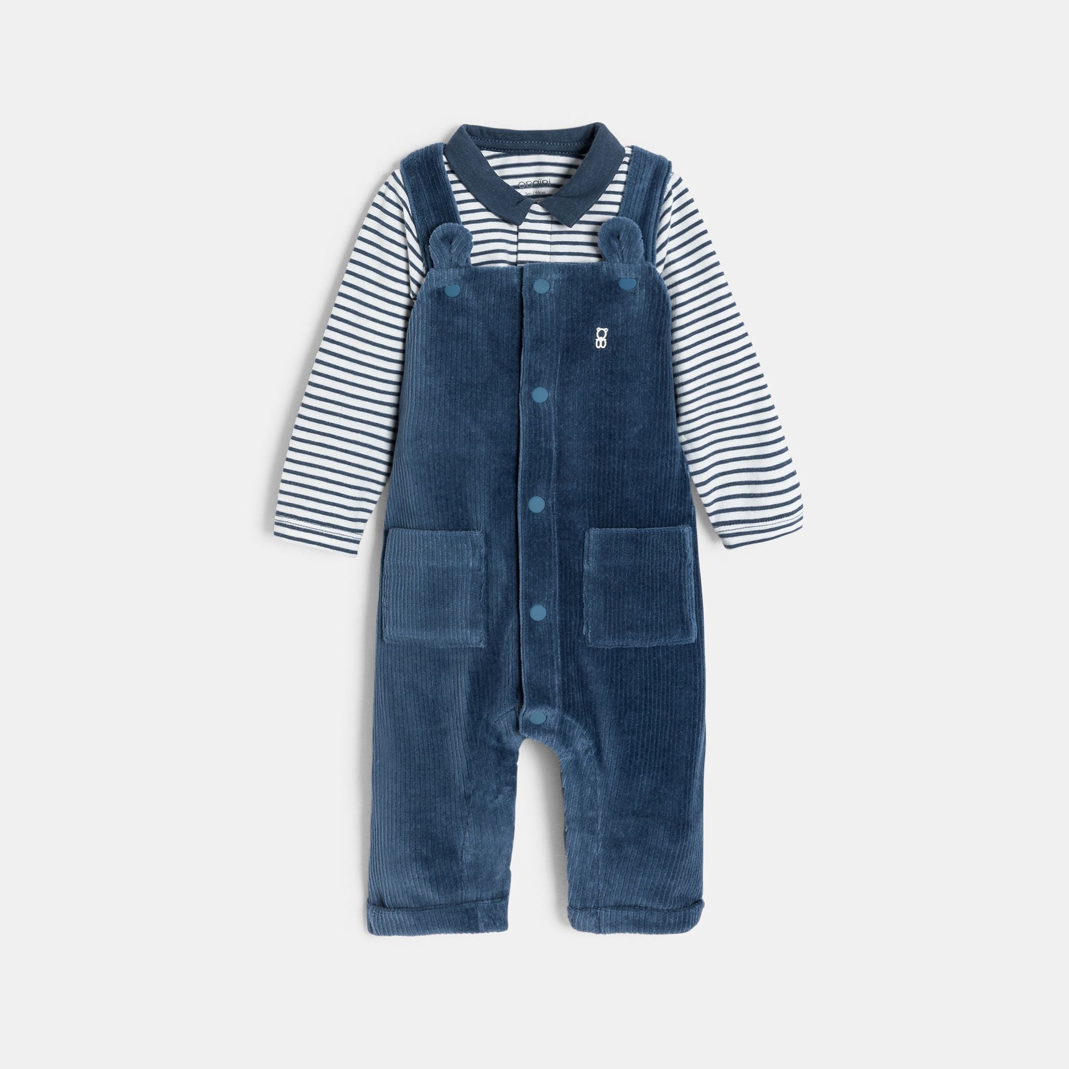 Bộ quần yếm dài nhung và bodysuit kẻ sọc cho bé trai